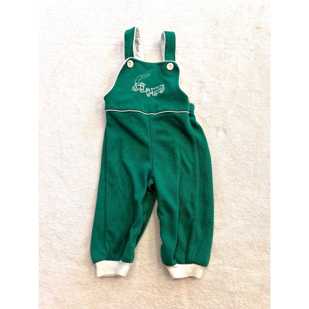 Vintage Green Train Embroidered Knit Overalls Baby Toddler Snaps Green White